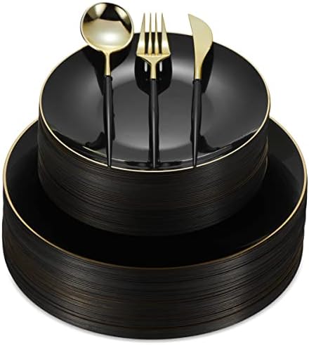 Crna plastična ploča za pribor za jelo za pribor za jelo | 30 Ploča za jednokratnu upotrebu i srebrne posuđe, Crna Gold RIM večera i desertne ploče, crno-zlatni Papalni softver | 150kom, za vjenčanje, zabave ili ugostiteljstvo
