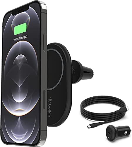 Belkin MagSafe 2-u-1 bežični punjač, 15w stalak za punjenje iPhonea za brzo punjenje & amp; MagSafe kompatibilni magnetni nosač za punjenje automobila, držač telefona za odzračivanje vazduha i punjač