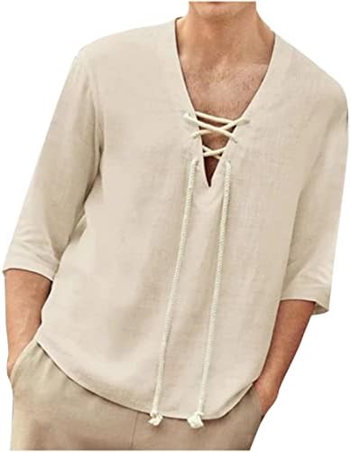 Muška pamučna platnena Henley košulja 3/4 rukava sa vezicama V vrat Ležerne majice za plažu Vintage hipi labavi ljetni topovi