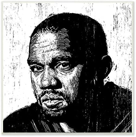 Stupell Industries Kanye crno bijela urezana ikona kulture portreta drvena Umjetnost, zidna ploča Neila Shigleya, 12 x 12
