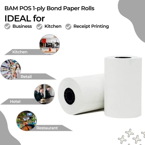 BAM POS, 1ply Bond papir za prijem kuhinjskih štampača - 3 x 150' - bijeli