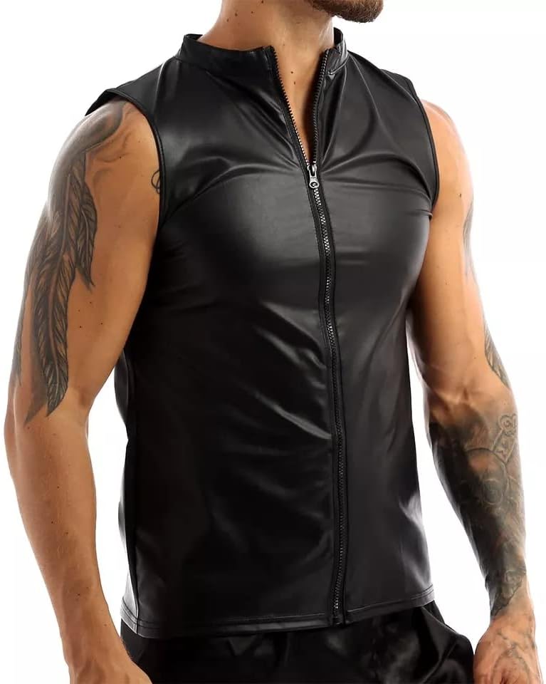 Xokesy Muška seksi kožna majica, sjajna meka mat koža, Plus veličina S-7xl, muški crni kožni prsluk