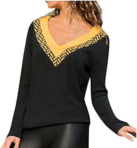 Balakie ženski casual V izrez Top colorblock dugih rukava pletena navojna tkanina labava bluza
