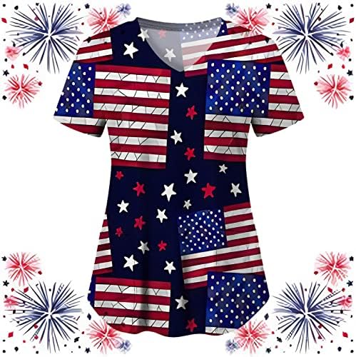 Majice za 4. jul za žene američka zastava ljetna kratka rukava V vrat Tshirt sa 2 džepa bluza Top Holiday Casual Workwear