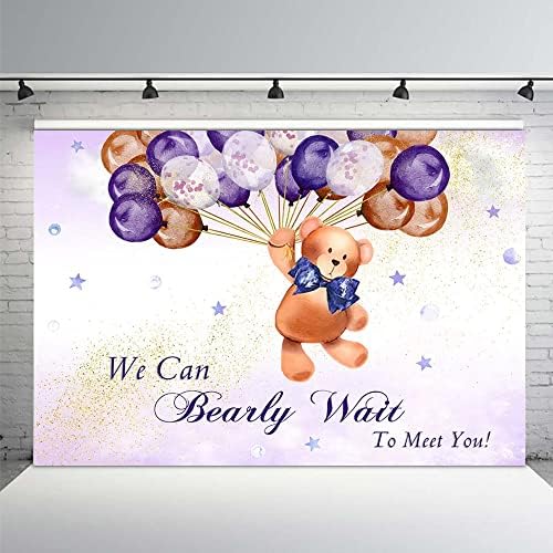 MEHOFOND Bear Baby Shower pozadina za djevojku možemo biserno čekati da Vas upoznamo ukrasi ljubičasti baloni