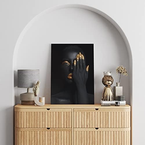 Crna žena portretna zidna umjetnost platno slika sa okvirom, crnom i zlatnom modnom umjetničkom djelu, afrička američka zidna umjetnost, moderni zidni dekor za dnevni boravak kupaonski hodnik, 02-HRXX02