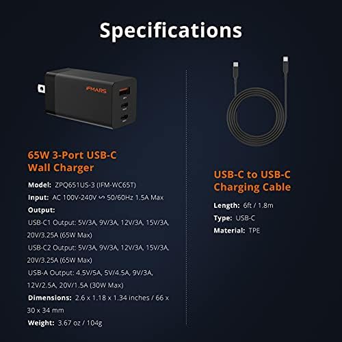 USB C brzi punjač, iFMARS 65W 3-Port sklopivi Gan Punjač sa 6ft kablom za punjenje,PD/QC 3.0 zidni Punjač