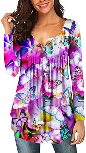 lcepcy ženske tunike za helanke Dugi rukav Dugi rukav Henley Shirts Floral Print V izrez Plisirana bluza