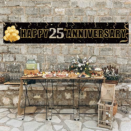 Yoaokiy Happy 25. godišnjica ukrasa bannera, velika od 25 godina potpisa za zabavu za vjenčanje, crno zlato 25 godina godišnjica pozadine foto rekvizita za vanjsku unutrašnju
