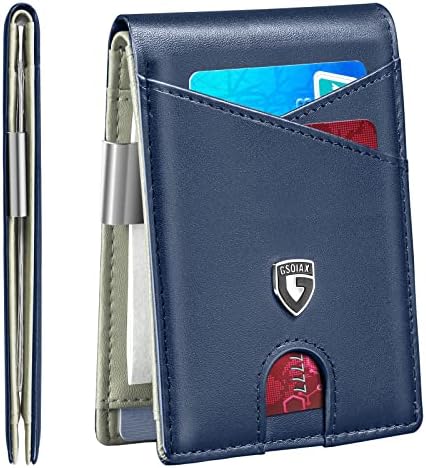GSOIAX tanak kožni RFID bifold novčanik za muškarce sa kopčom za novac i 12 držača kreditnih kartica - minimalistički prednji džepni novčanik sa prozorom za ličnu kartu, Cool Groove dizajn, poklon kutija uključena