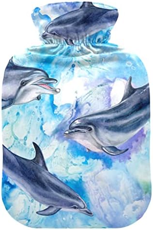 Boce za toplu vodu sa poklopcem morski plavi delfini morski život vreća za toplu vodu za ublažavanje bolova, zagrijavanje ruku, vruće Pakovanje 2 litra