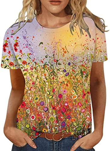 Teen Girls Top Leptir Cvjetni grafički opušteni fit bluze Košulje kratki rukav Crewneck Spandex