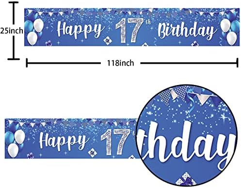 Happy 17. rođendan Balner Balloons Kristal Glittery Stars Confetti Theme Decor Dekor za dječake Djevojke 17. rođendana Naveli do 17. godina Stranica Povećaj Srebrno i plava pozadina