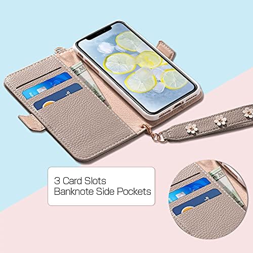 Homelax torbica za novčanik za iPhone 13 sa držačem za kartice, dizajn cvijeća kožna torbica za novčanik sa remenom za ruke i postoljem, preklopna navlaka dvostruka magnetna kopča otporna na udarce za iPhone 13 6.1 siva