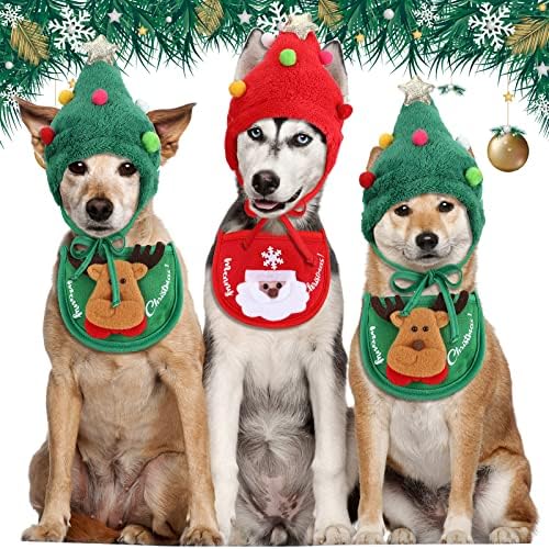 Kostim za kućne ljubimce na božićnim psima uključuju 2 božićne šešir za božićne stablo za glavu i 2 podesive ovratnike BIB Santa Elf Cat Bib za Xmas Dog Cat Outfit Outfit Party Party