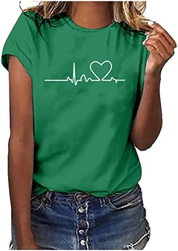 T majice za žene EKG tiskane top majice kratki rukav Slatka majica kratkih majica Crew izrez Tunike Workout Modne bluze Majice