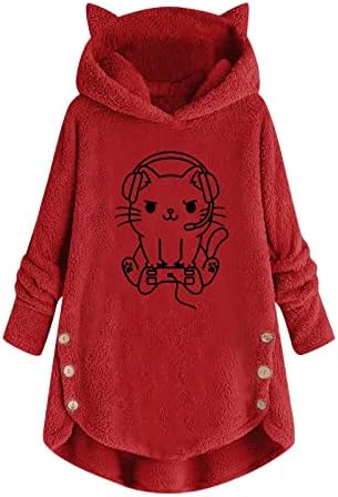 Ženski prevelizirani kaput s kapuljačom slatka igra Cat Graphic Fuzzy fleece pulover Duks zimski topli duks