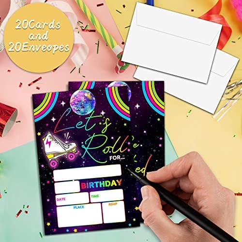Rođendan rođendana, Neon Glow ledeni valjak za klizanje, hajde da roli Rainbow Rođendanska pozivnica za djevojčice, rođendanske ukrase - 20 pozivnica sa 20 koverti - C21