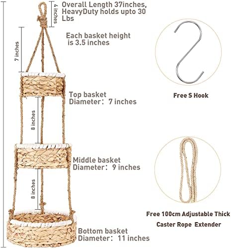 VIKEYHOME 3-slojna viseća korpa za voće, pletene korpe od prirodne tkane morske trave, Kuhinjski