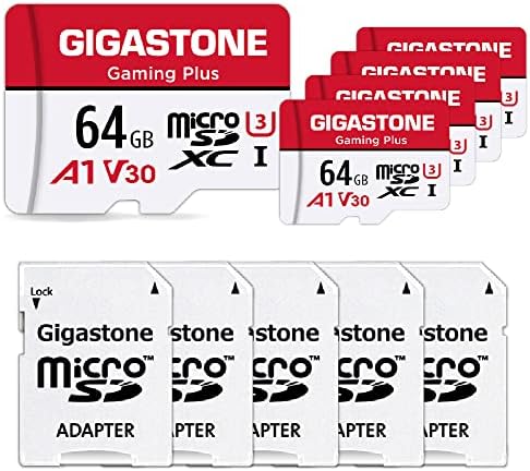 [Gigastone] 64GB 5-pack Micro SD kartica, microSDXC memorijska kartica za Nintendo prekidač, pametni telefon, vatrogasna tableta, 4K UHD video snimanje, UHS-I U3 C10 A1 V30, do 90MB / s, s adapterom