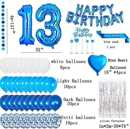 Yujiaonly 13rd Rođendanski ukrasi za rođendan Blue Happy Rođendan Foil Balloons Blue Broj 13 Happy Rođendan Cake Topper Latex i Confetti Balloons Blue Original Garland Banner broj 13 plava