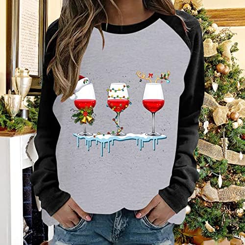 Božić košulje za žene jesen Moda 2022 dame Moda Božić vino staklo štampani Dugi rukav T Shirt Tops bluza