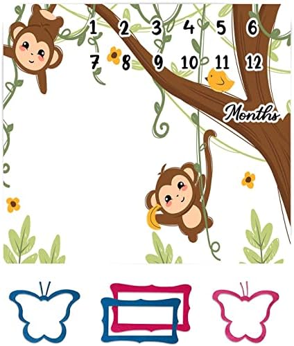 Naughty Little Monkey Baby mjesečna prekrivač za dječaka, devojčica, bebine pokrivače sa okvirom Mjeseca, 48x40in, 1-12 meseci prekretnice, za tuševe za bebe i novorođeni BTZYFH7