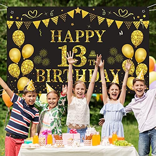 Trgowaul 13. rođendan Banner-zlato i crno Happy Birthday Party Dekoracije Backdrop Happy Birthday dekoracija za službene tinejdžer