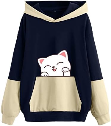 Kaput s dugim rukavima teen djevojke džemper u boji blok sunca mačka labavi fit plus veličine kava se toplo s kapuljačom kaputi