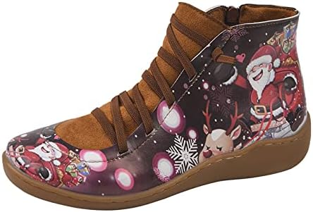 Ženske čizme za gležanj Božićno print Faux kože Sve utakmice cipele cipele čipkaste bočne patentne patentne patentne patentne patentne zatvarače Zimska teletska čizma