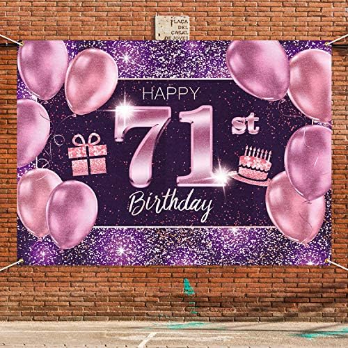 Pakboom Happy 71st rođendan Banner Backdrop - 71 Rođendanski ukrasi za žene - ružičasta ljubičasta