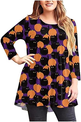 Plus Size Shirt za žene Halloween mačka bundeva Print Crew vrat modni vrhovi Dugi rukav Vintage grafički lepršava bluza