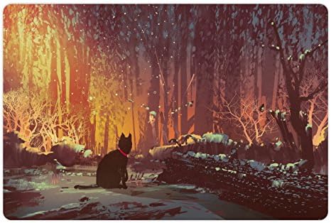 Ambesonne Fantasy Pet za hranu i vodu, nadrealna izgubljena crna mačka duboka tamna u šumi sa mističnim umjetničkim djelima, pravokutnički neklizajući gumeni prostirki za pse i mačke, narančaste smeđe