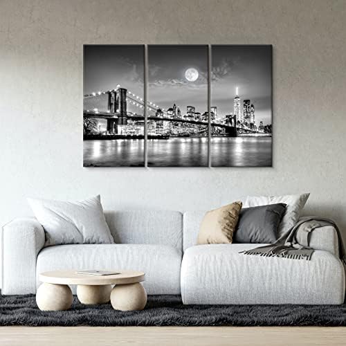 New York City Brooklyn Bridge Canvas Wall Art crno-bijeli Manhattan noćni pogled 3 ploče gradski pejzaž