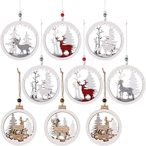 9 komada Božić viseći drveni Ornament šuplji rezbarenje drva ukrasi krug Bauble Glitter sob ukrasi