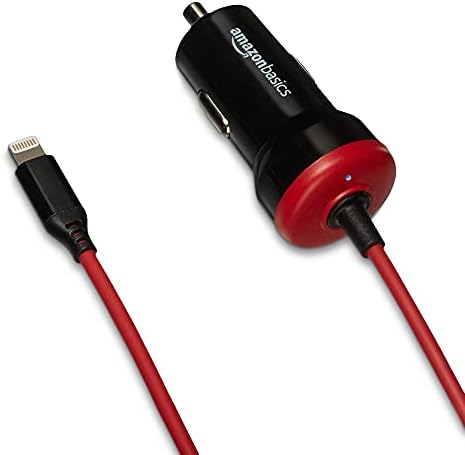 Basics 12W auto punjač sa munjevim kabelom za iPhone i Apple uređaje, 3 ft - crno i crveno