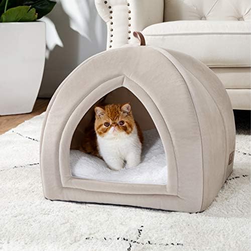 Kreveti za mačke za zatvorene mačke - Srednja kuća za mačke Cat šator mačja pećina sa uklonjivim jastučićem za pranje, kreveti za mačiće Cat Hut, tamno bež, 19 inča