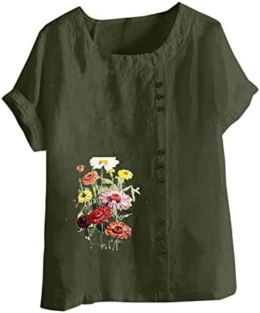Platna pamučna košulja za djevojke s kratkim rukavima Crewneck gumb dolje majica maziva cvjetna grafička grafička prevelika ručak