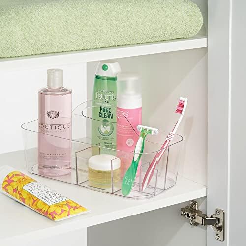 Mdesign Plastic Cosmetic storage Organizer Caddy Tote - podijeljena korpa sa ručkom za palete šminke, lakove za nokte, četke, potrepštine za ljepotu i kupanje - Lumiere kolekcija-Clear