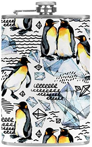 Hip tikvica za tečnost od nerđajućeg čelika nepropusna sa levkom 7.7 Oz kožna navlaka odlična ideja za poklon tikvica-Akvarelni Penguin dijamantski uzorak