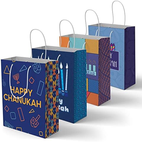 Hanukkah poklon torbe - 4 pakovanja male plave poklon torbe - 5 inča x 8 inča - Chanukah poklon torbe - 4 Asortirani Hannukah dizajni