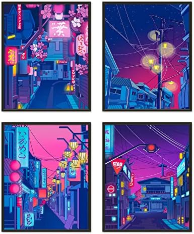 DALIHEBO Anime Posteri japanski zidni umetnički Set 4-Anime Art Tokijske ulice u noćnom nebu zidni dekor Poster za dnevni boravak spavaća soba kuhinja NEURAMLJENA 8x10 inča