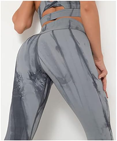 Cozycinmu 2021 Ženske elastične gamaše visoke struke joga hlače 7/8 Dužina vježba za kovanje kravata dye plesne hlače tamno siva