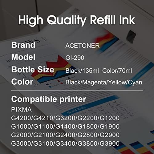ACETONER ink Refill Kit zamjene za Canon GI290 kompatibilne sa Pixma G3200 Pixma G4200 mastilom za Canon megatank štampače sa rezervoarima za mastilo koji se mogu ponovo napuniti