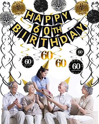 Famoby crna & amp; zlato svjetlucave sretan 60. rođendan Banner, Poms, pjenušava 60 visi kovitla Kit