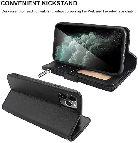 Kihuwey kompatibilan sa iPhone 12 Pro Max futrolom za novčanik Premium kožni Patentni zatvarač sa držačem za kartice i narukvicom,postoljem za noge i zaštitnom navlakom za torbicu za iPhone 12 Pro Max 6.7 Inch Black