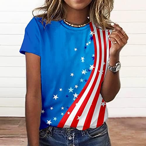 Žene Blokock American Striped Star Print Bluuses Crewneck Bluze The Majice Kratki rukav ručak prugasti bluze