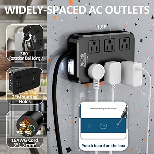 APS 4packs Crna vodootporna električna traka na otvorenom sa 3 USB porta, 6ft dugačak Produžni kabl za vanjsku upotrebu, kupatilo, kuhinja