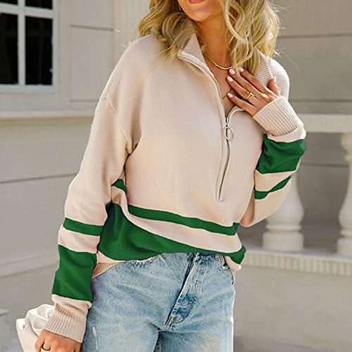 Xinshide Cardigan džemperi za žene Chunky Plit Polu patentni zatvarač Duks pulover Ležerne prugaste rever ovratnik dugih rukava zelena