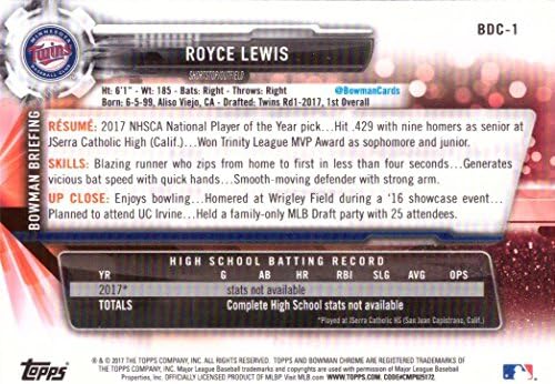 2017 Bowman nacrt Chrome # BDC-1 Royce Lewis Pre-Rookie bejzbol kartica - 1. bowman Chrome Card